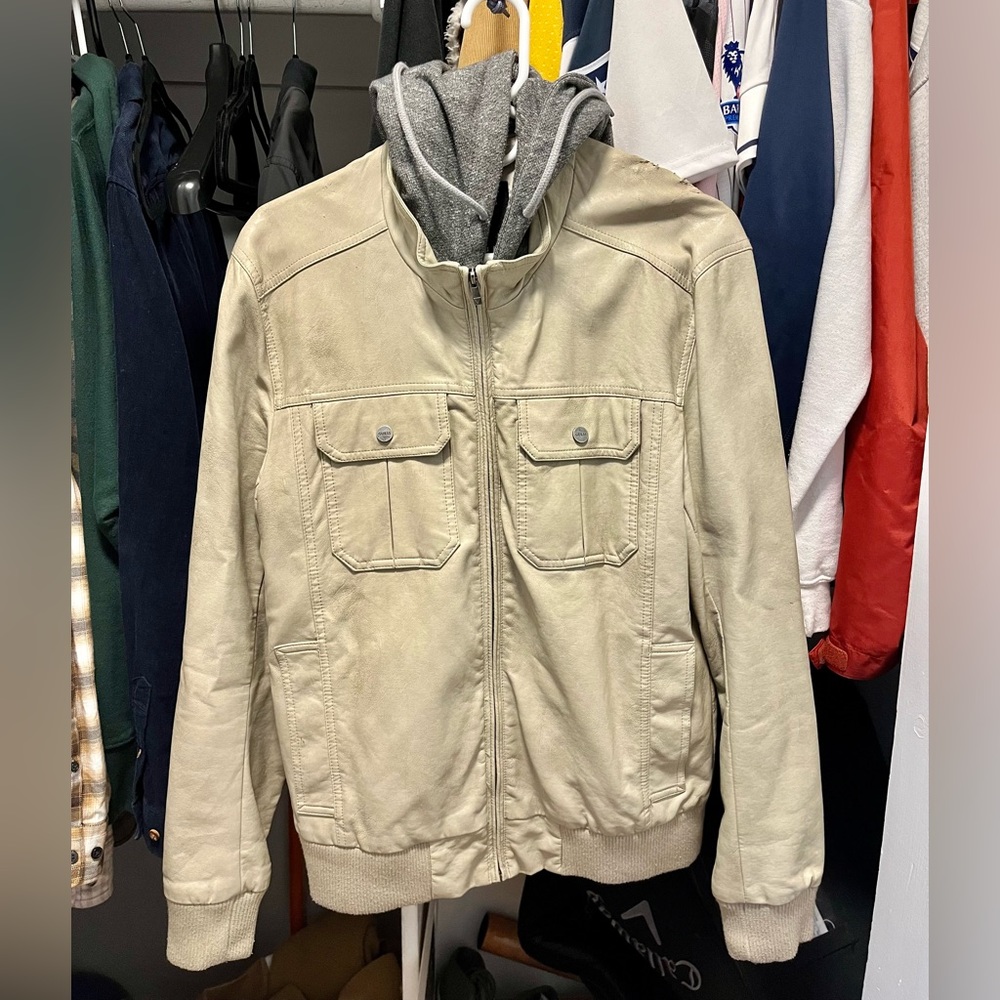 GUESS Men’s Hooded Faux Leather Jacket